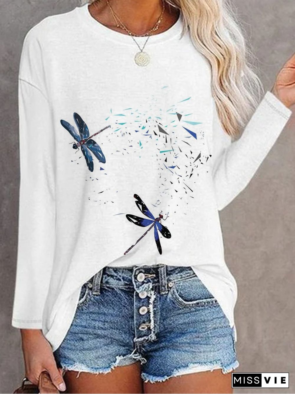 Casual Dragonfly Crew Neck Loose Long sleeve T-Shirt