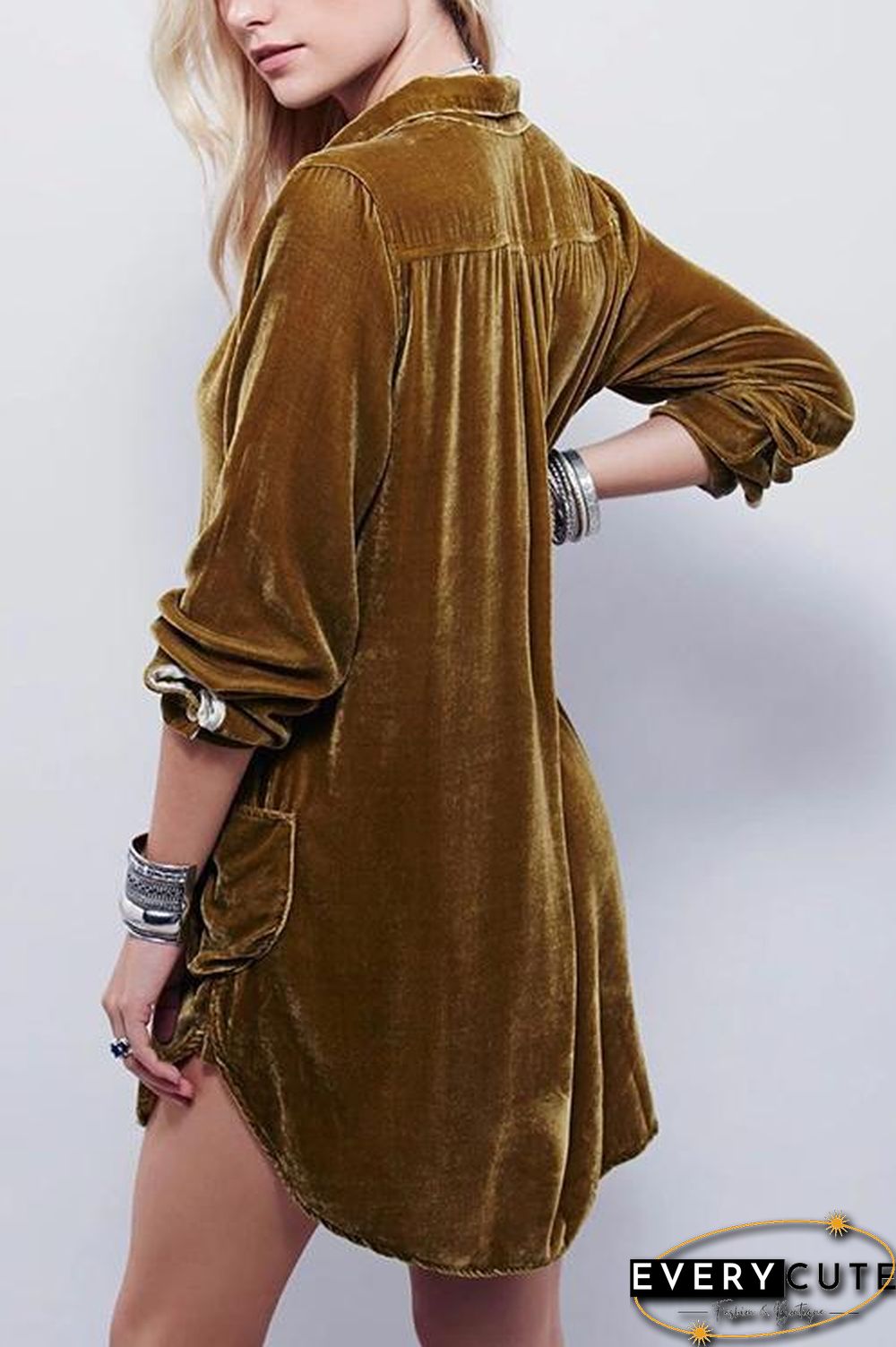 V Neck Pockets Velvet Shirt Dress