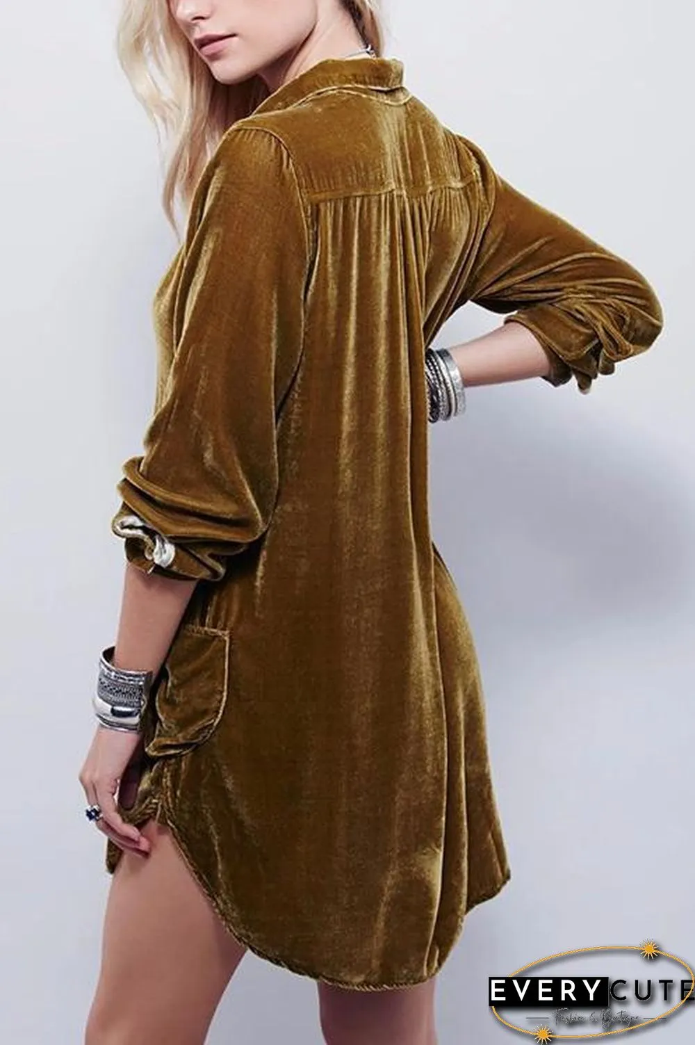 V Neck Pockets Velvet Shirt Dress