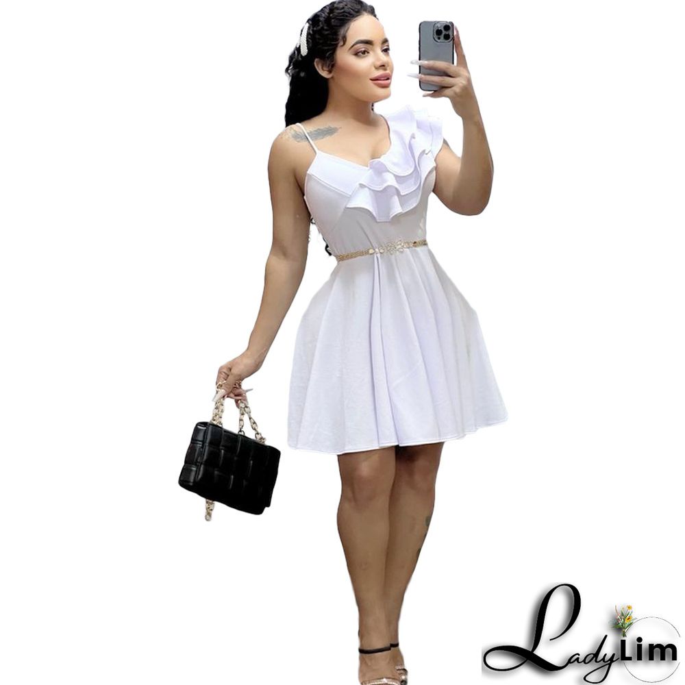 Women's Summer Solid Color Sexy Low Back Ruffle Strap Dress