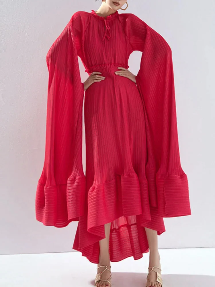 Party Green V-neck Lacing Up Ruffled Hem Pleated Cape Dress