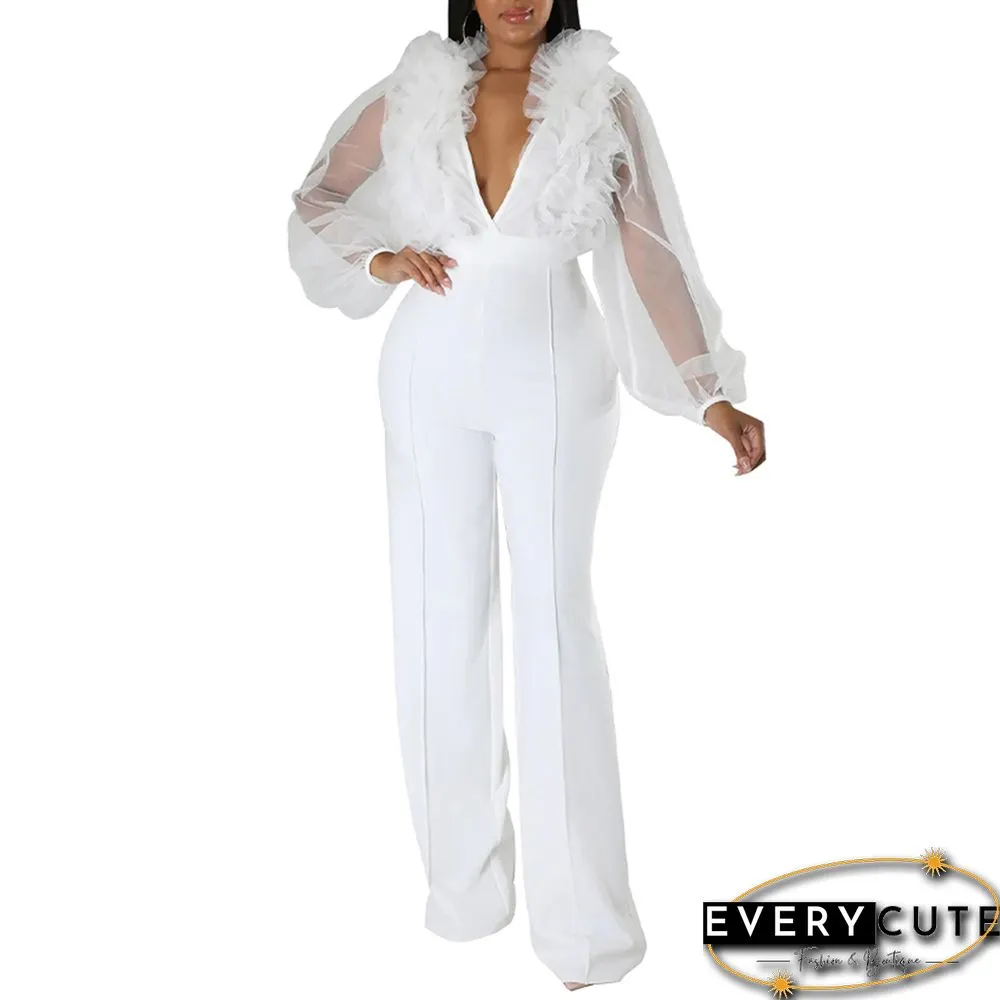 White Mesh Puff Sleeve Deep V Neck Sexy Jumpsuit