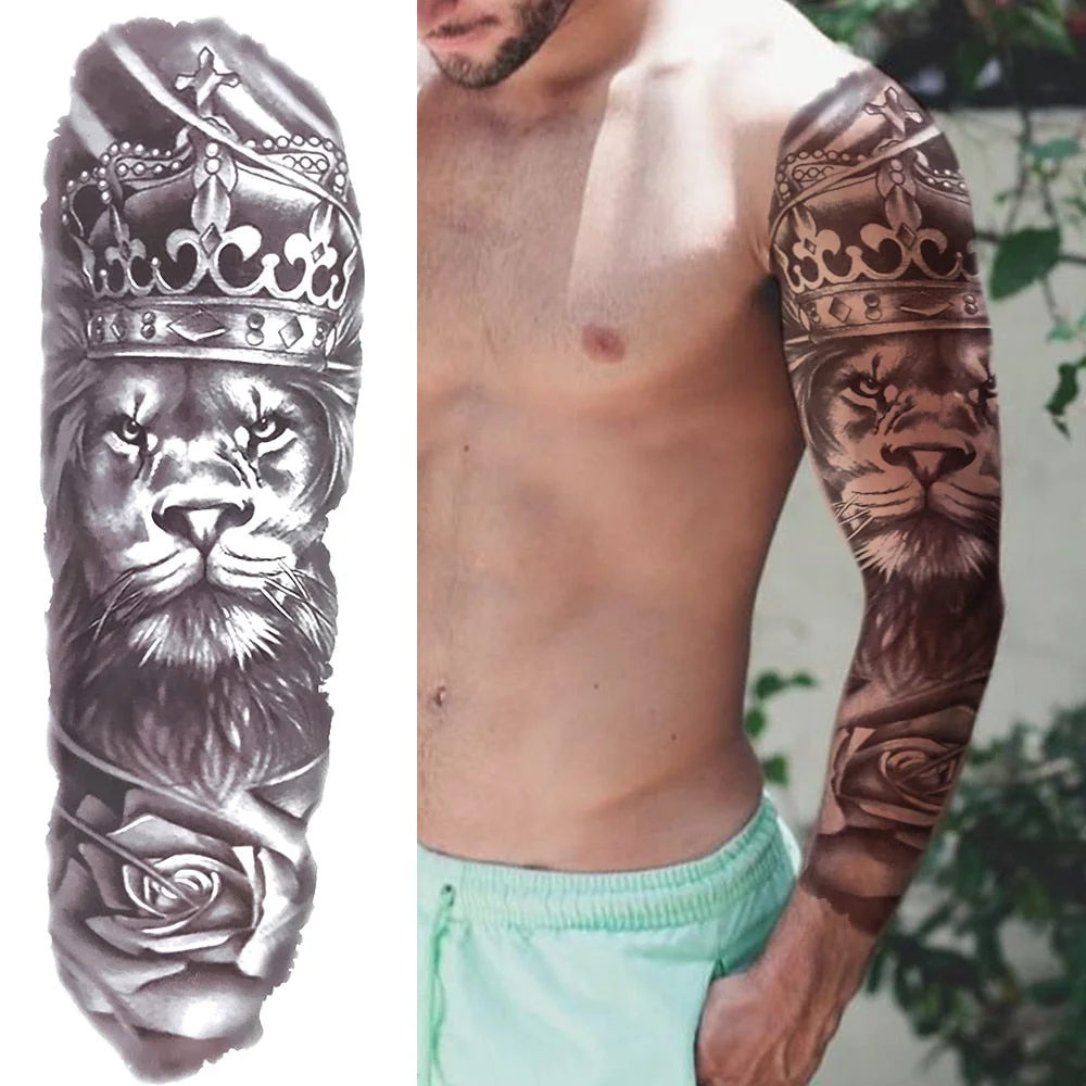 Sexy Long Full Arm Rose Clock Temporary Tattoos For Men Women Tatoo Body Leg Art Makeup Large Tiger Flower Fake Tattoo Stickers