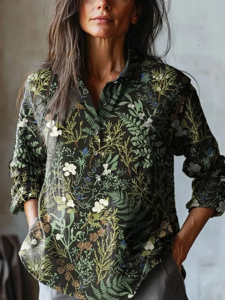Women's Vintage Lovely Floral Art Print Casual Cotton And Linen Shirt