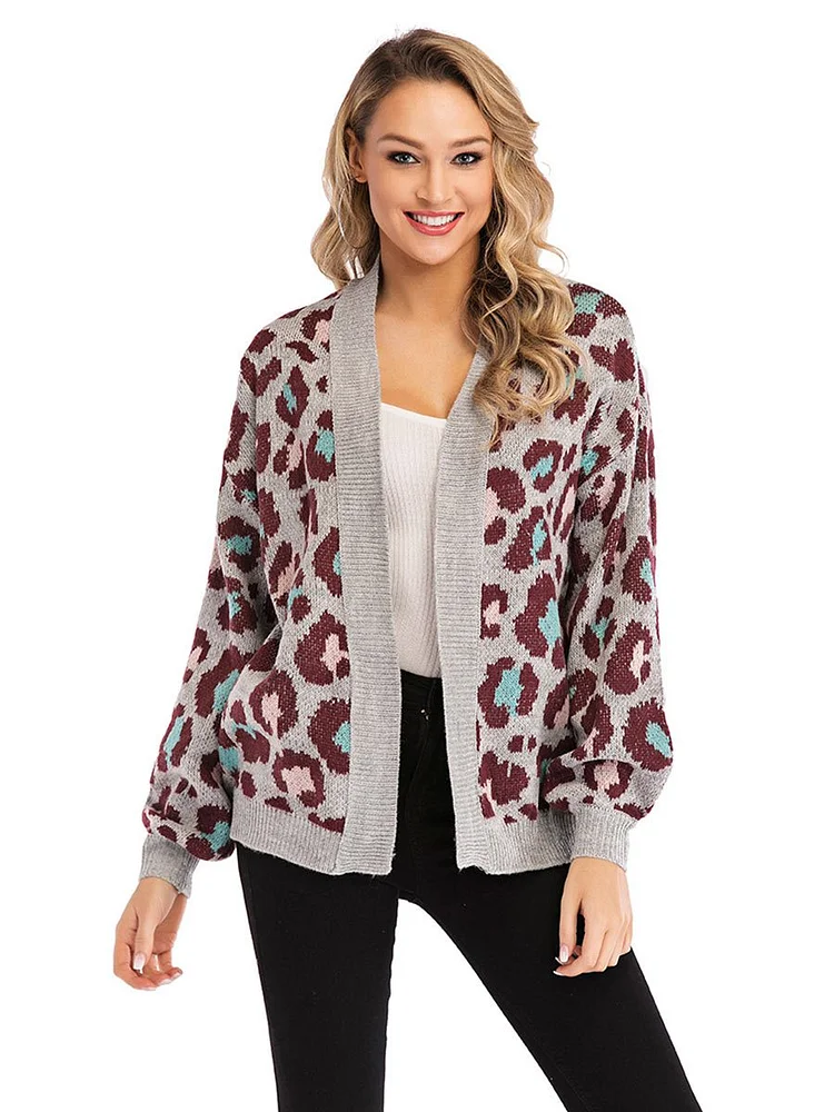 Mayoulove Sweater For Women Leopard Print Lantern Sleeve Knitted Sweater Cardigan-Mayoulove