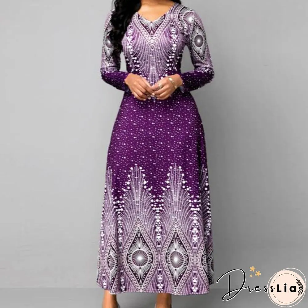 V-neck Retro Print Long-sleeved Dress Spring and Autumn Women's Clothing