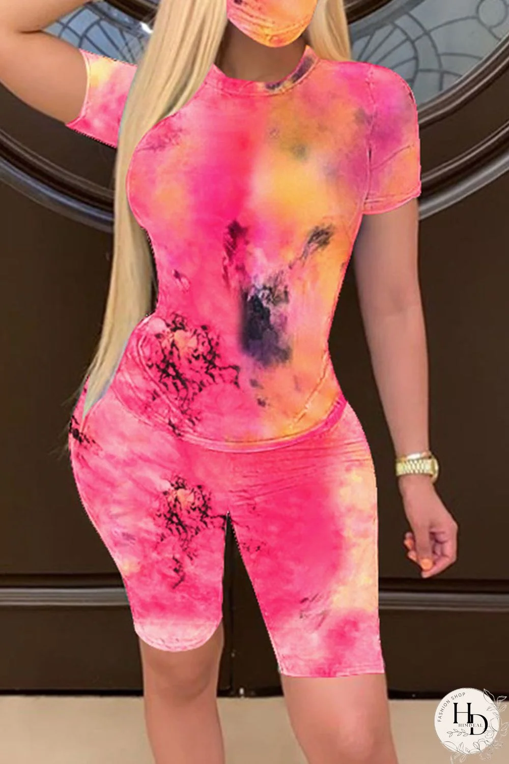 Blue Orange Fashion Casual Print Basic O Neck Short Sleeve Two Pieces