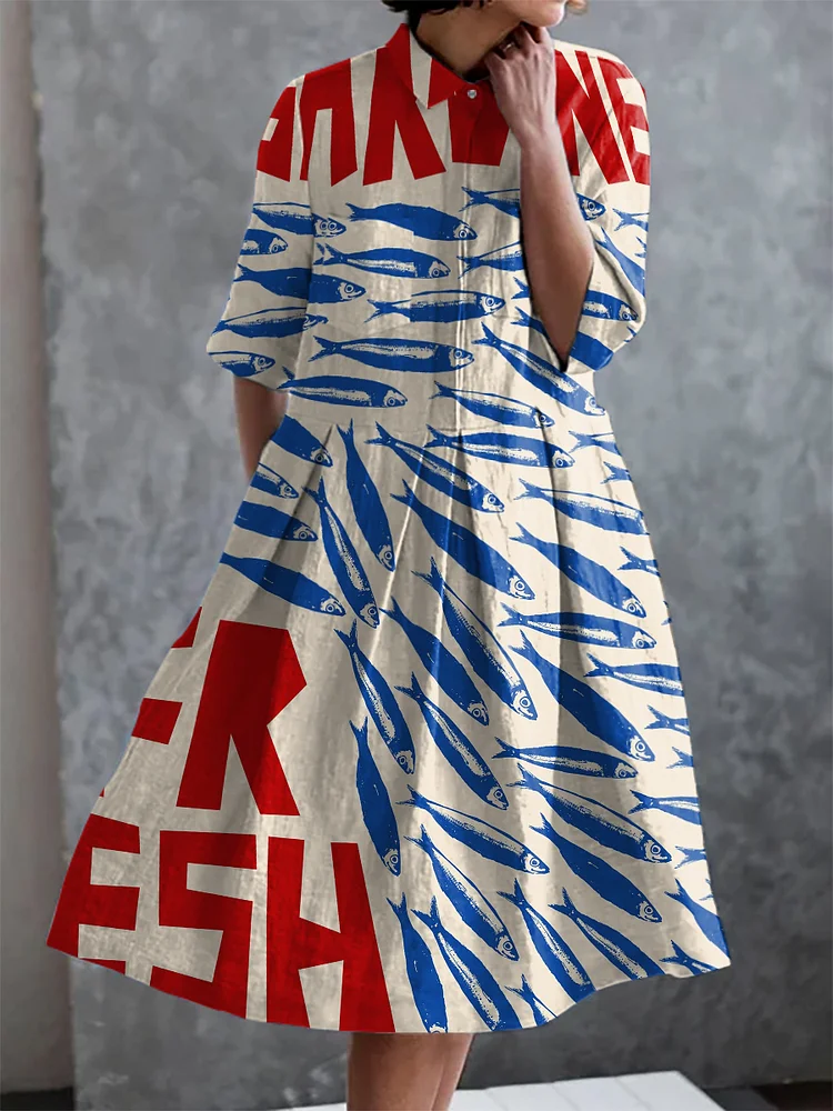 Vintage Sardines Print Casual Elegant Pocket Half Sleeve Dress