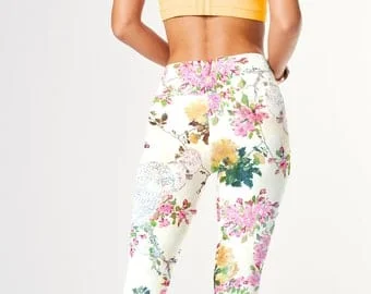 Pornhint Floral Leggings - Women's High Waist Leggings - Full or Capri Athletic Workout Yoga Running Sports - Pink and Yellow Floral Print