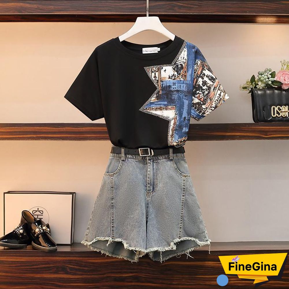 Fashion Print Tee+Denim Shorts P11657