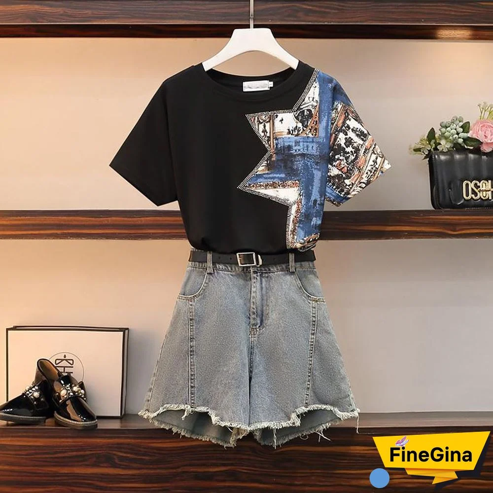 Fashion Print Tee+Denim Shorts P11657