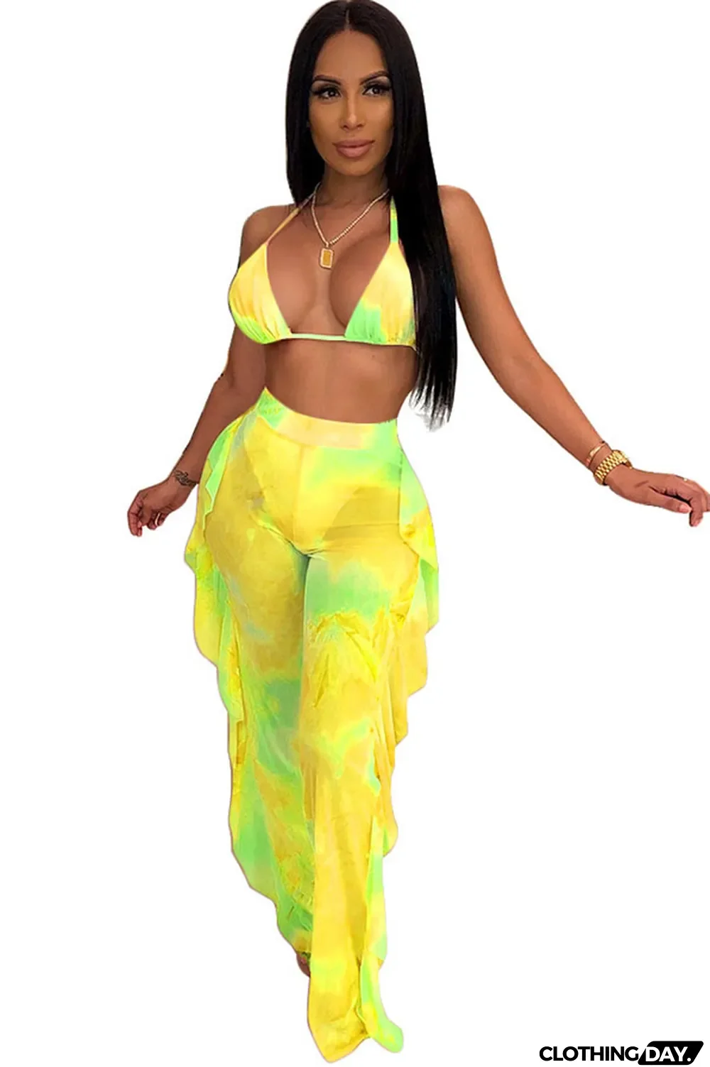 Yellow Polyester Sexy Fashion Stringy selvedge Print Tie Dye Patchwork Loose Sleeveless