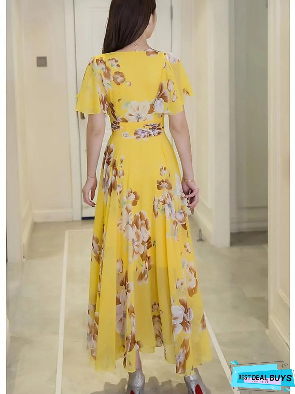 Women's Chiffon Dress Midi Dress - Short Sleeve Floral Print Spring Summer V Neck Plus Size Hot Holiday Beach Apricot White Blue Yellow Fuchsia