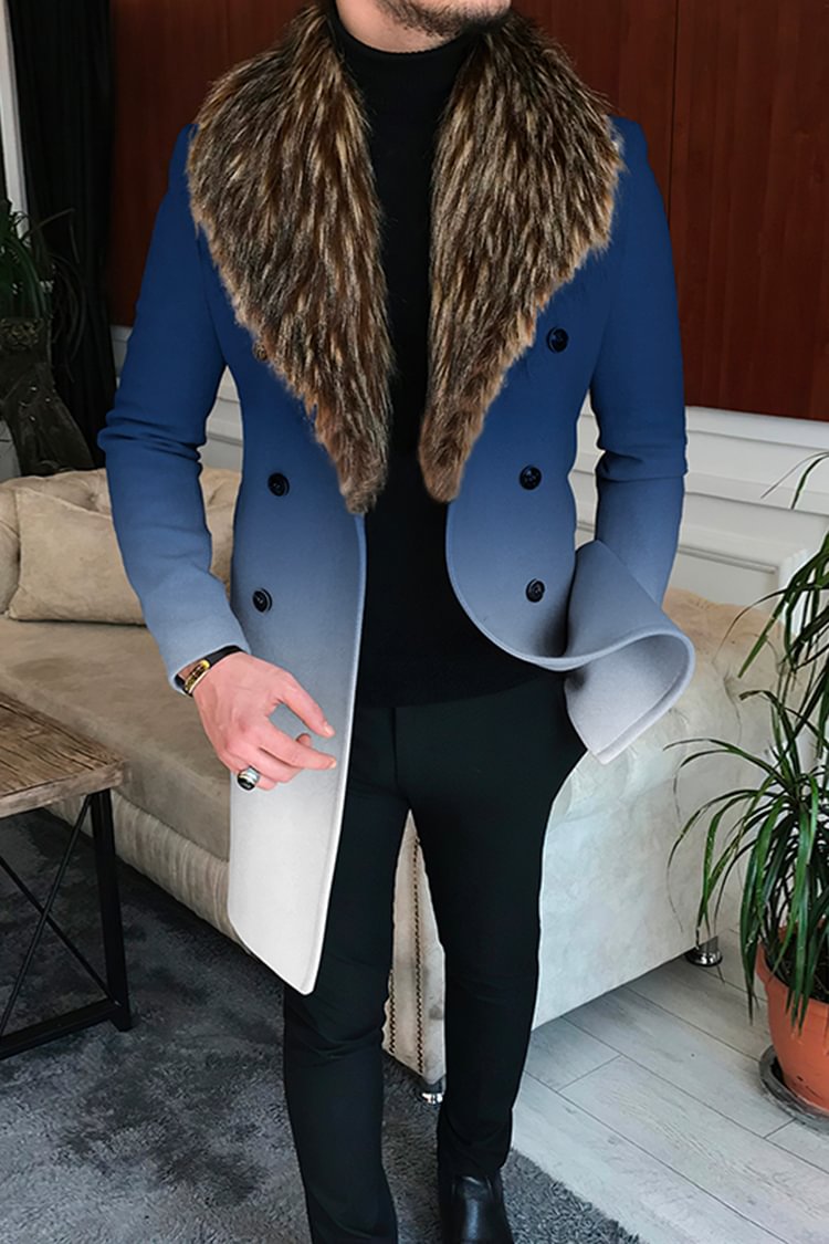 Tiboyz Ombre Fur Collar Gradient Breasted Mid Length Coat