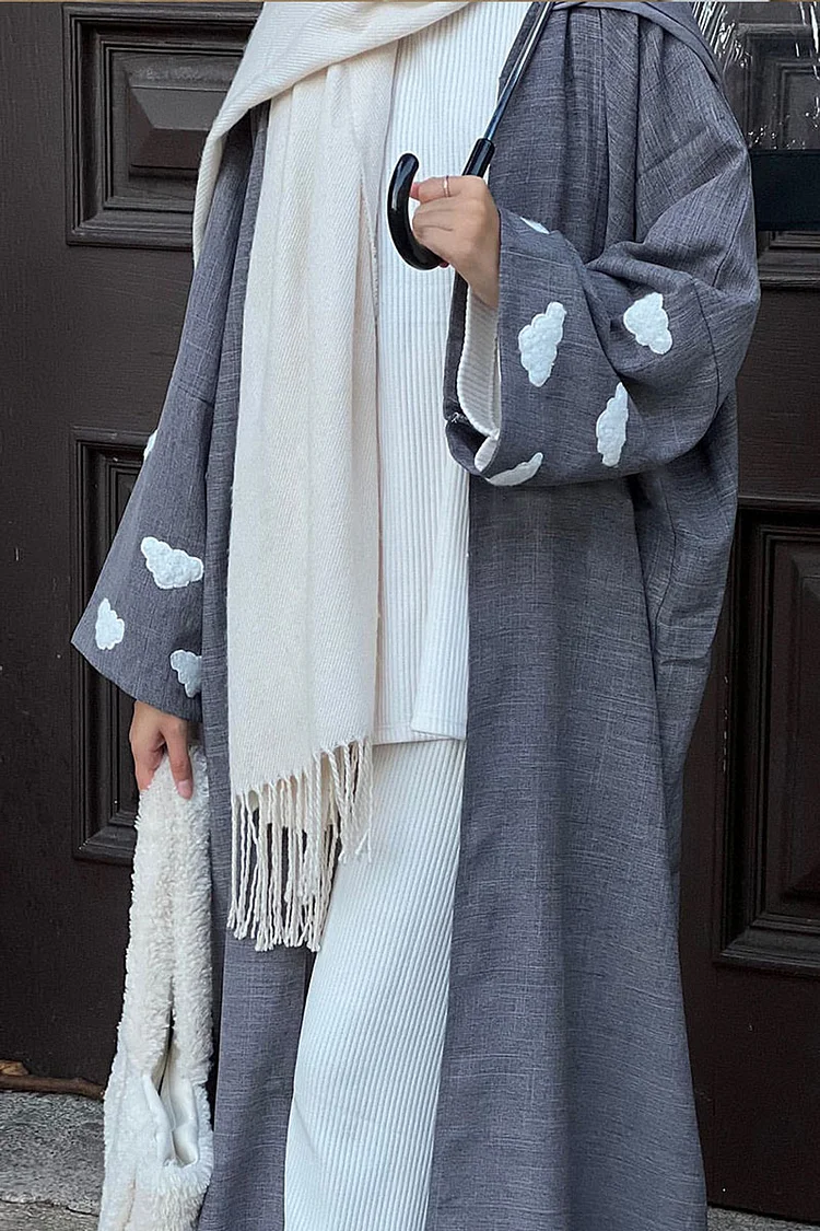 Clouds Embroidered Linen Abaya Long Cardigan With Chiffon Head Scarf