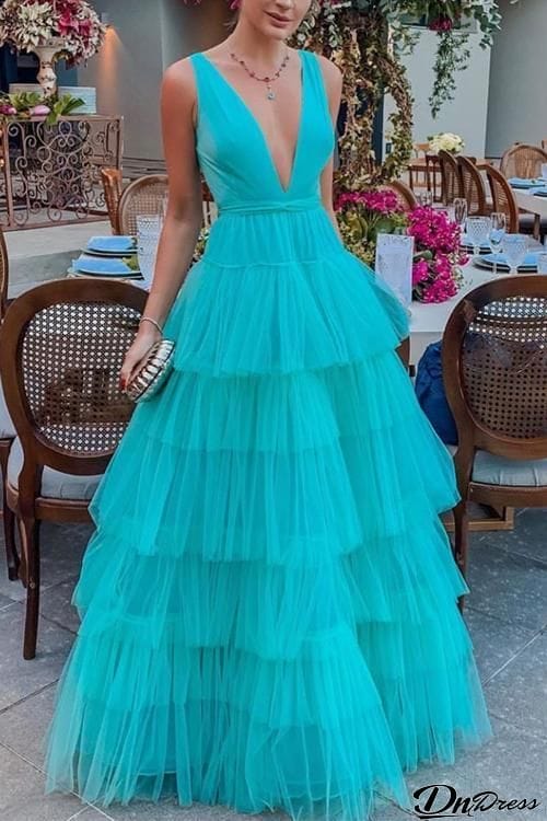Double Layers V-neck Long Dress
