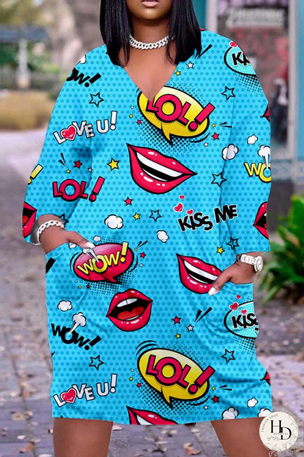 Deep Pink Casual Print Basic V Neck Long Sleeve Dresses