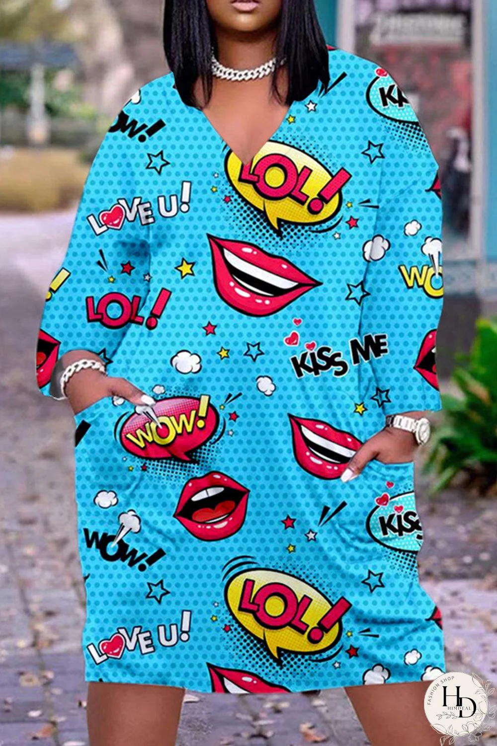 Deep Pink Casual Print Basic V Neck Long Sleeve Dresses