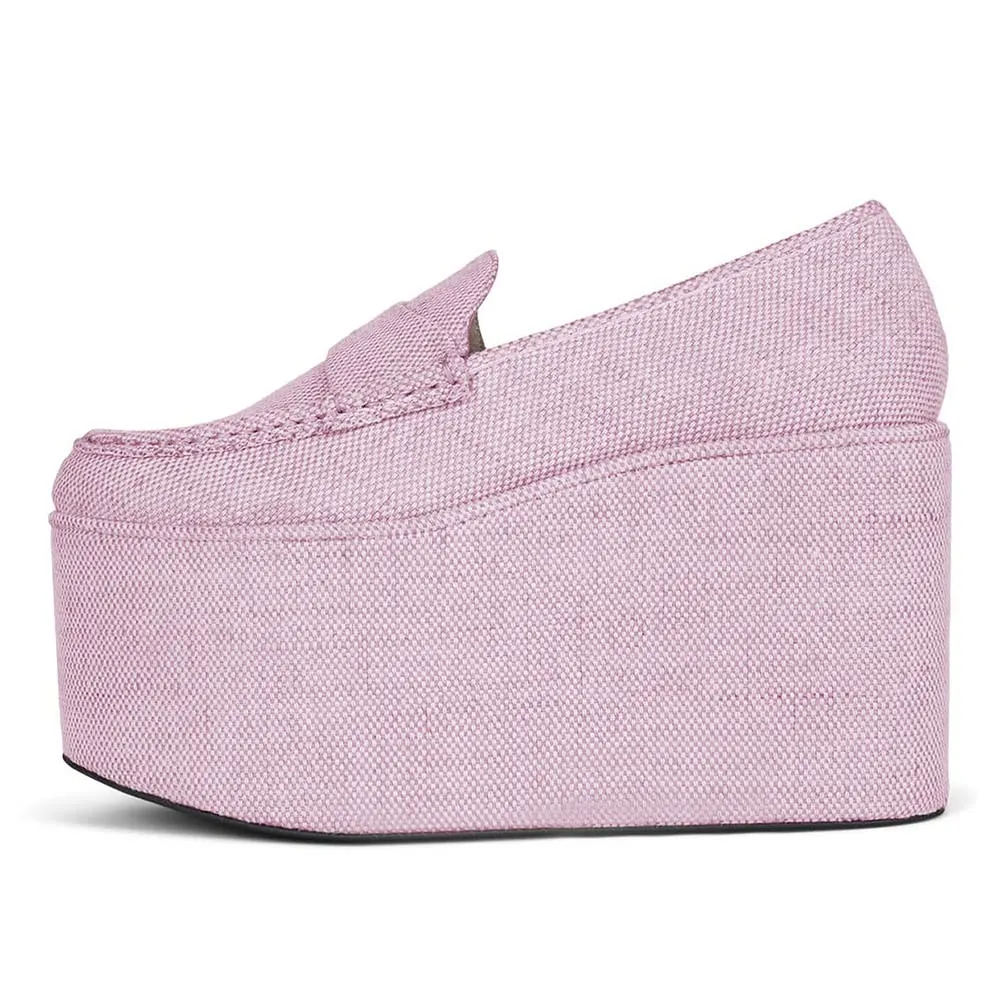 YDN Pink Wedge Heel Classic Platform Loafers with Round Toe