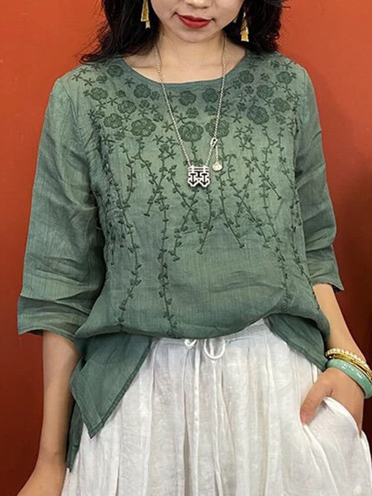 Floral Embroidery 3/4 Length Sleeve O neck Loose Vintage T shirt P1858589