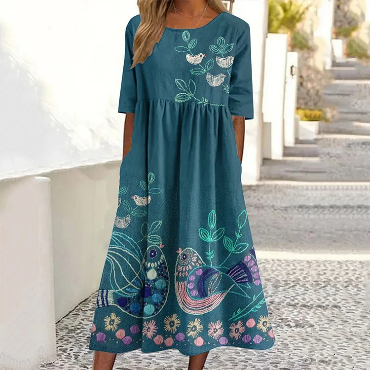 Simpfit Lockeres Midikleid mit Blumen- und VogelDrucken und Rundhalsausschnitt