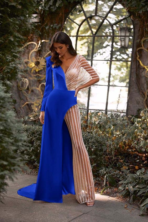 Hidais Patchwork White V Neck Long Sleeves High Waist Long Wid-Leg Jumpsuit with Tulle