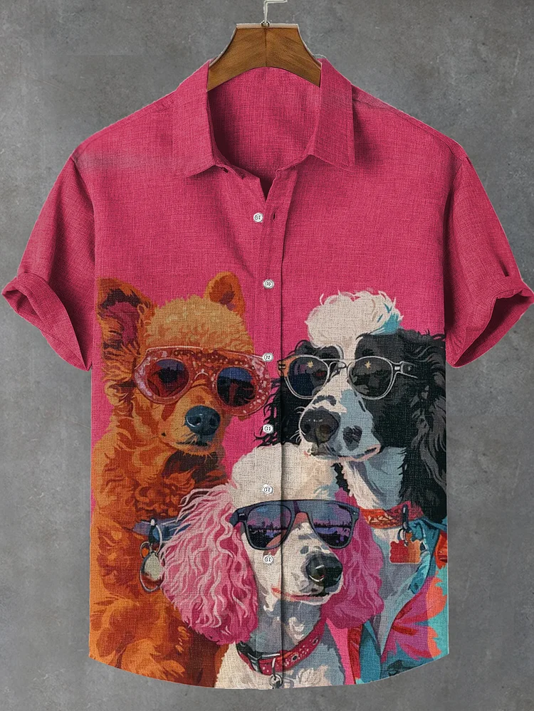 Men's Fun Sunglasses Dog Peeking Art Print Linen Blend Shirt