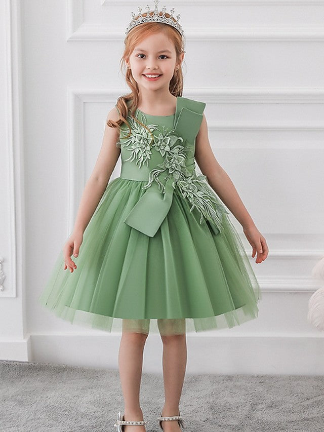 Oknass Ball Gown Sleeveless Jewel Neck Flower Girl Dresses  Satin  Tulle  With Bow Appliques