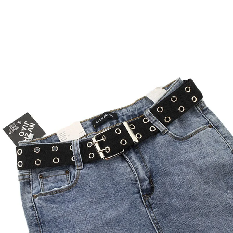 Harajuku Wide Belt Canvas Web Double Grommet Hole Buckle Belt Female Male Hot Waist Strap Belts for Women Men Jeans