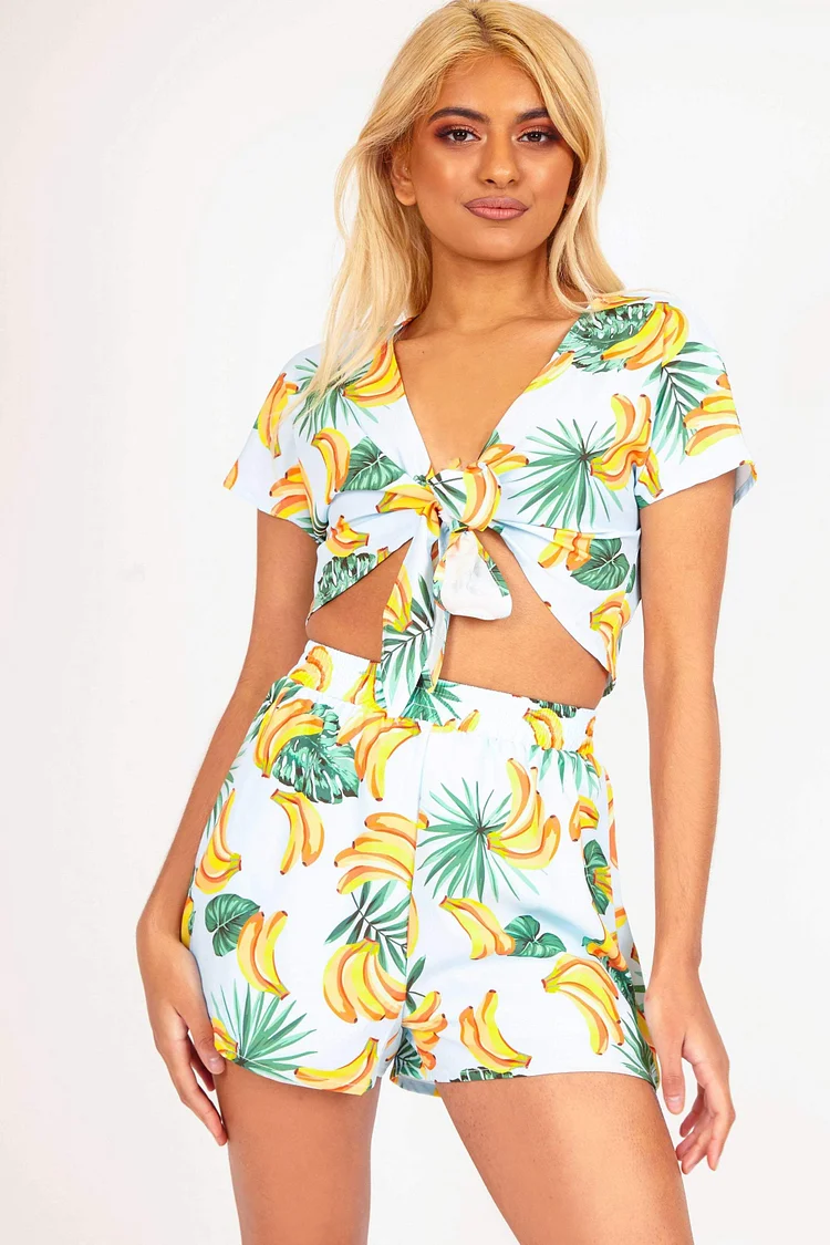 Blue Banana Print Tie Front Top Katch Me