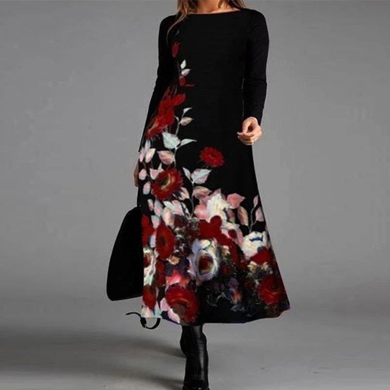 Loose Long Sleeve Vintage Floral Print Dress Round Neck Autumn Loose Women Casual Dress Elegant Femme Party Dress Large Size 5XL
