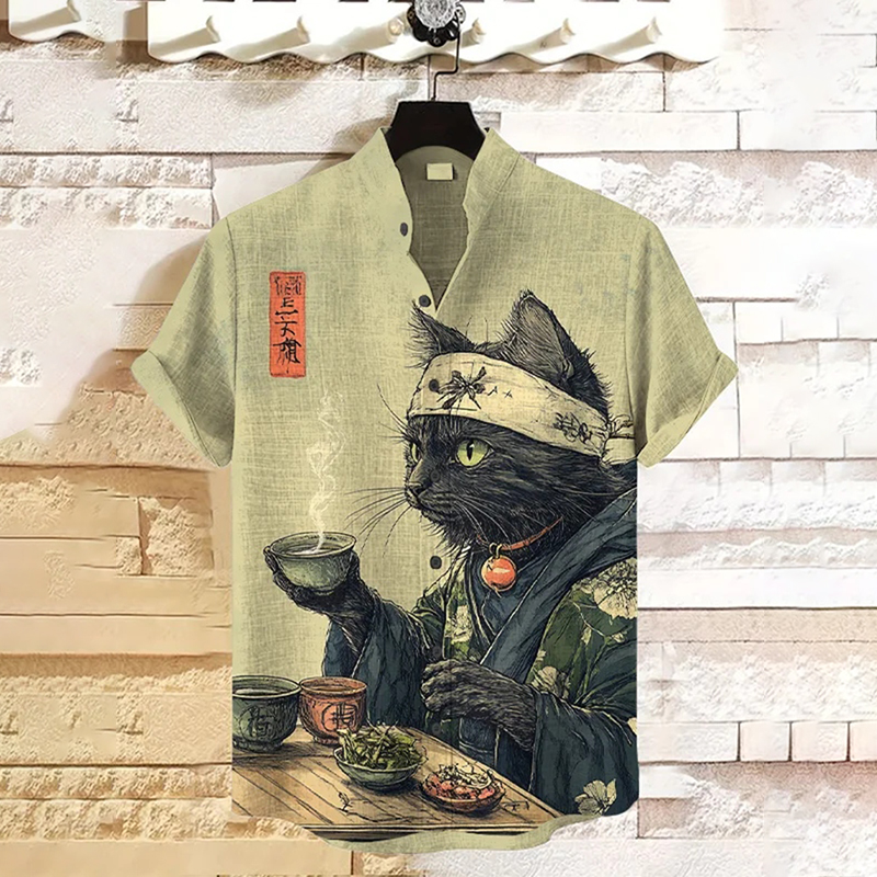 Men's Cat Drinking Tea Japanese Tea Ceremony Art Print Casual Shirt