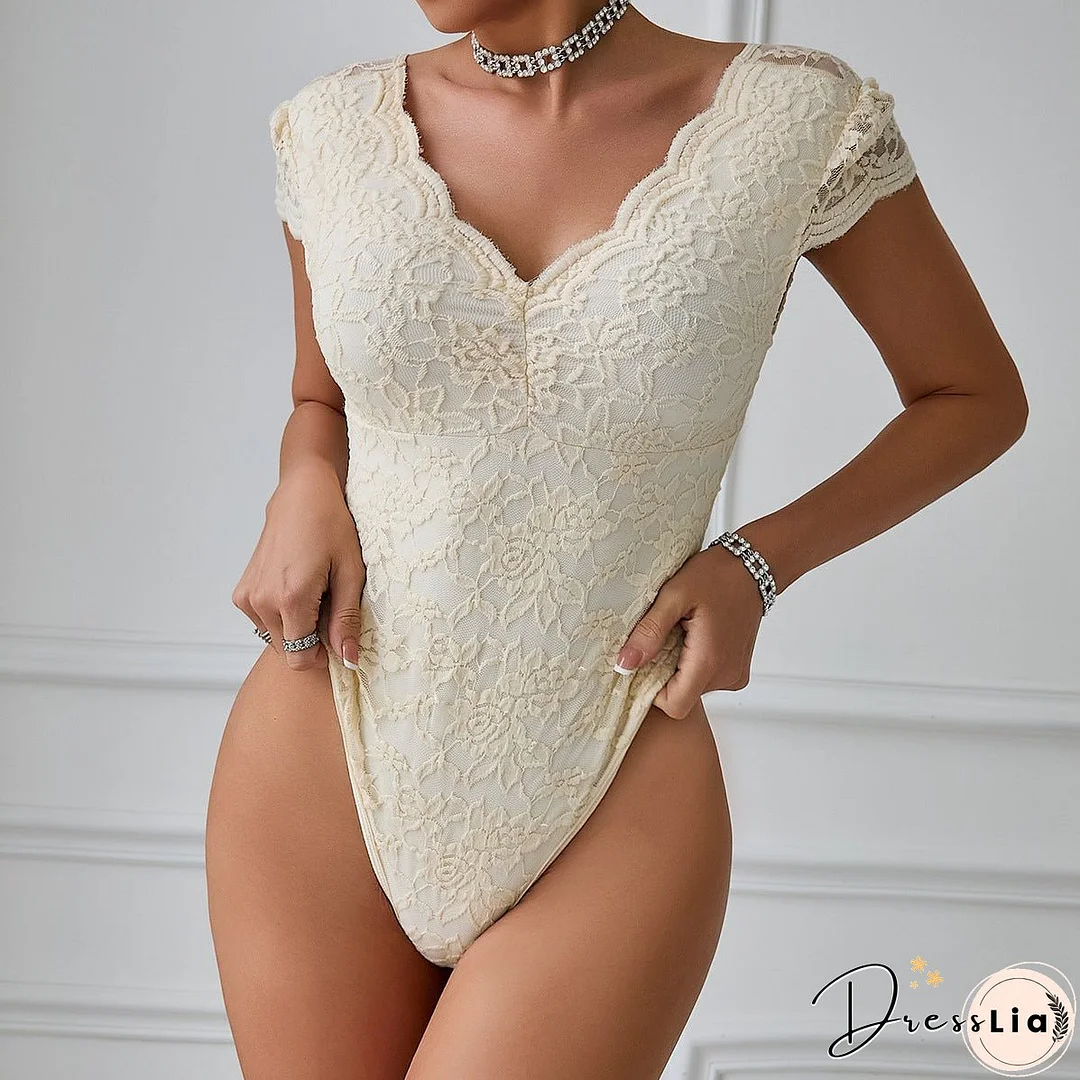 Summer Solid Color Lace Deep Backless Jumpsuits