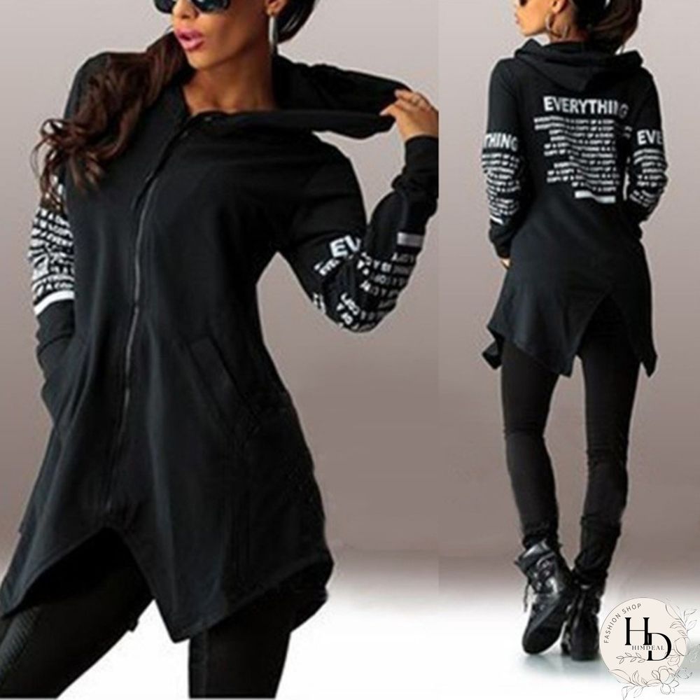 Women Fashion Letter Print Long Sleeve Hooded Coats Ladies V-neck Zipper Irregular Hem