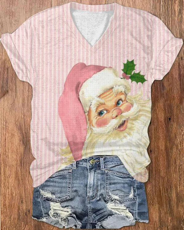 Pink Striped Santa V-Neck T-Shirt