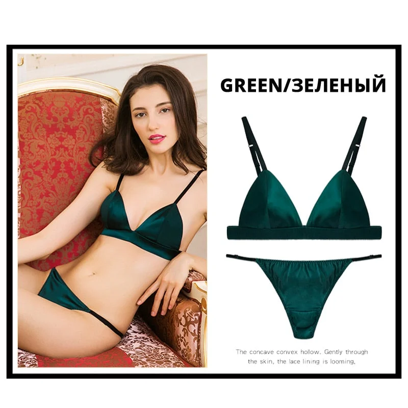 Luxury Silk Lingerie For Ladies Comfort Satin Bralette Wireless Bra Sets Sexy Lace Underwear Women Intimates Green Brief Sets