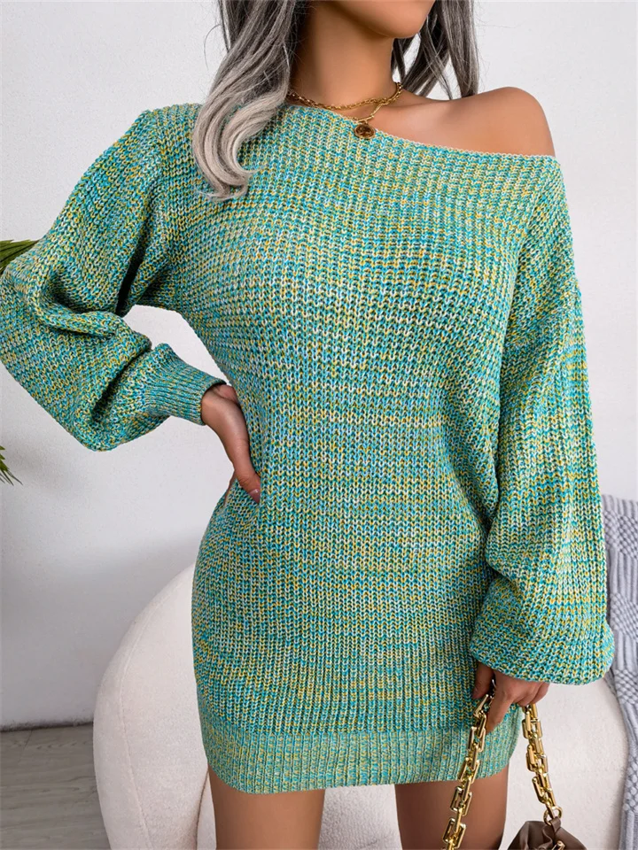 Autumn and Winter Casual One Neck Strapless Colorful Lantern Sleeve Knit Sweater Dress Burst Women's Clothing