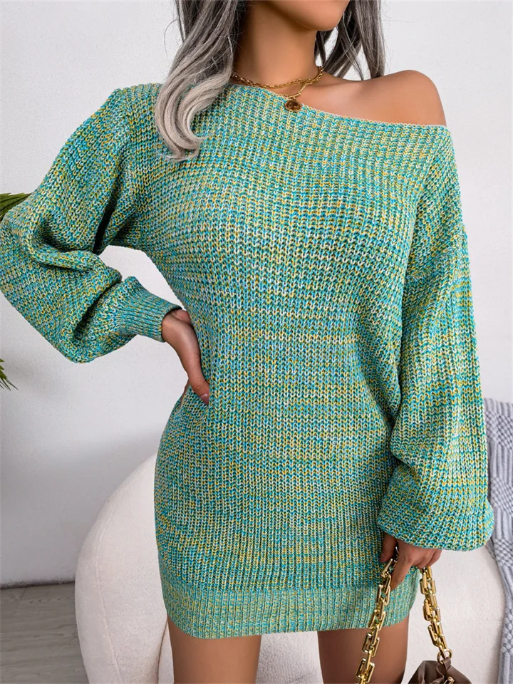 Autumn and Winter Casual One Neck Strapless Colorful Lantern Sleeve Knit Sweater Dress Burst Women's Clothing | 168DEAL