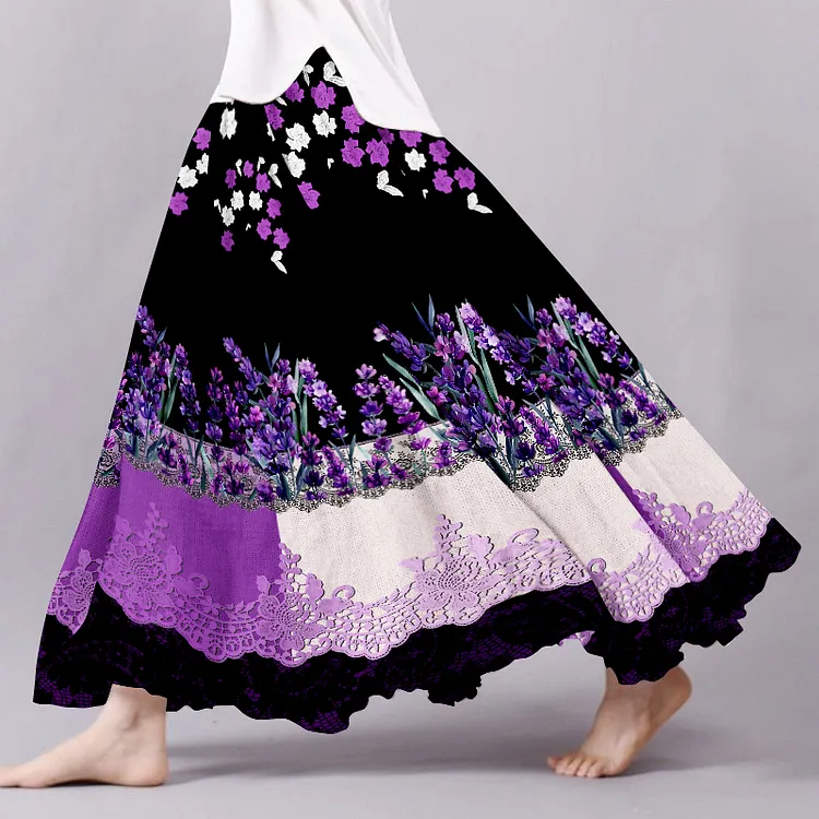 Vintage Lavender Gradient Lace Art Embroidered Pattern Flowy Wide Skirt