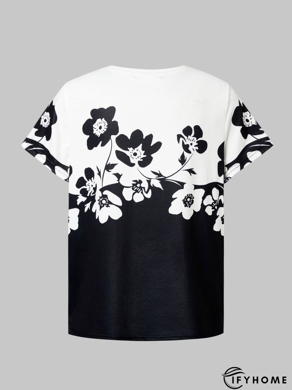 Women's Floral Printed Round Neck White&Black Short Sleeve Casual T-shirts | IFYHOME