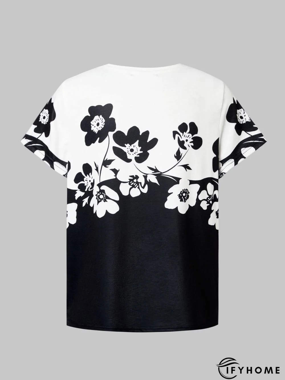 Women's Floral Printed Round Neck White&Black Short Sleeve Casual T-shirts | IFYHOME