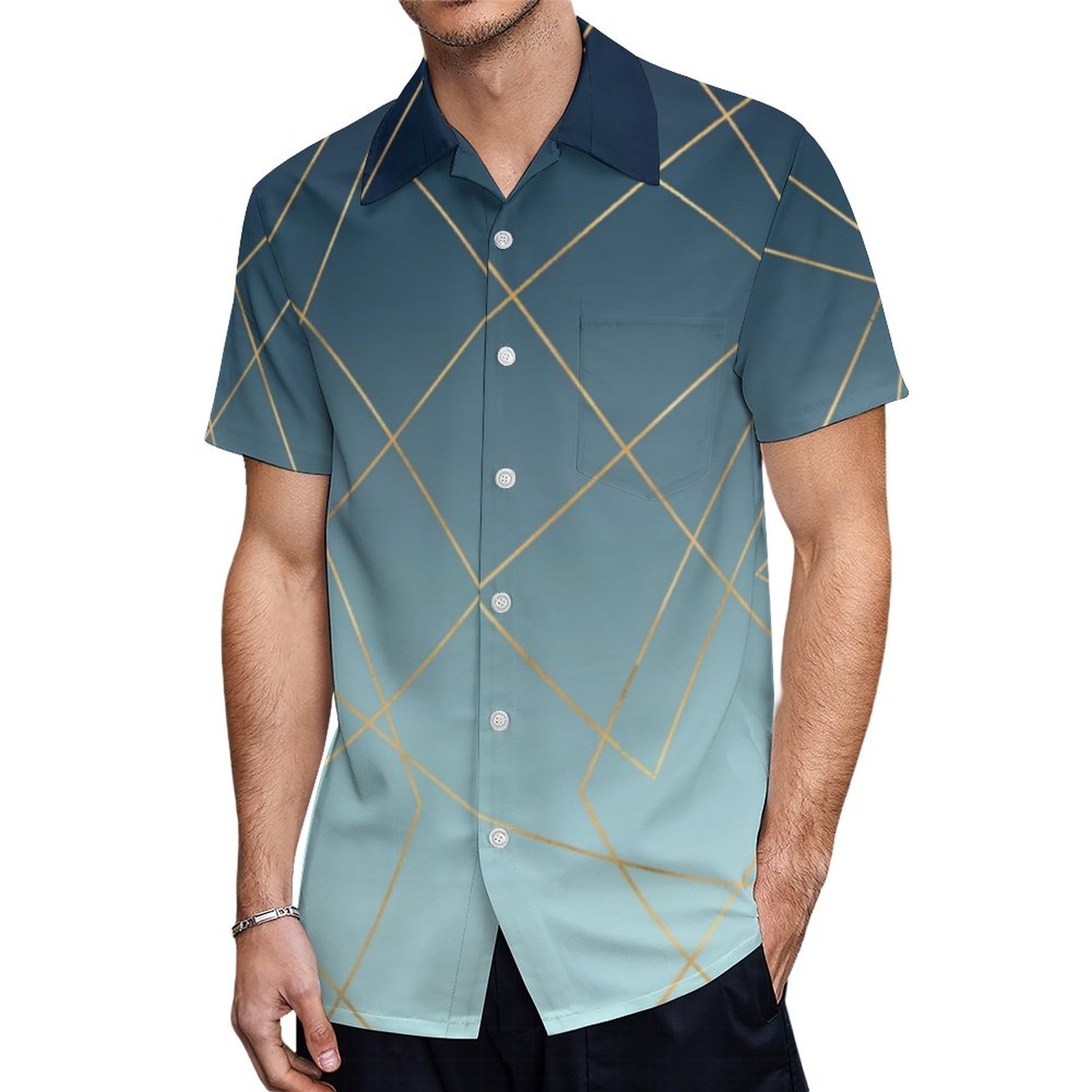 Geometric Gold Lines Blue Gradient Design Hawaiian Shirt Mens Button Down Tropical Hawaii Beach Shirts