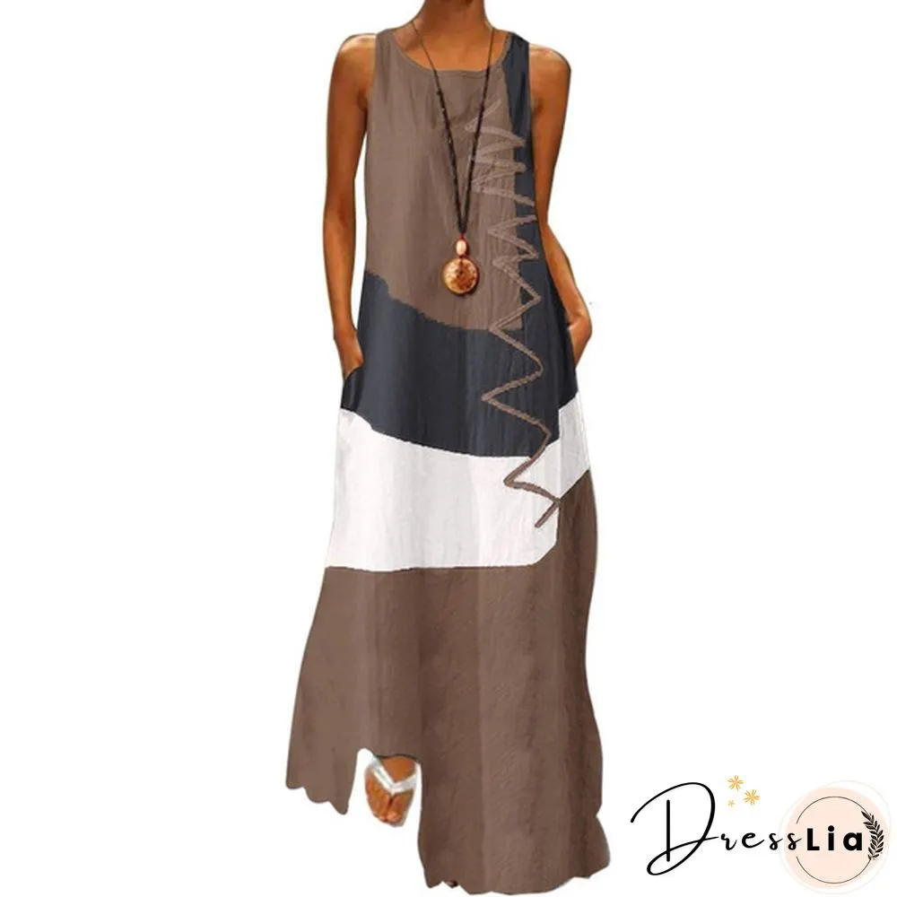 Vintage Color Stitching Maxi Dress Women's Summer Sundress Casual Sleeveless Tank Female O Neck RobeCIU8