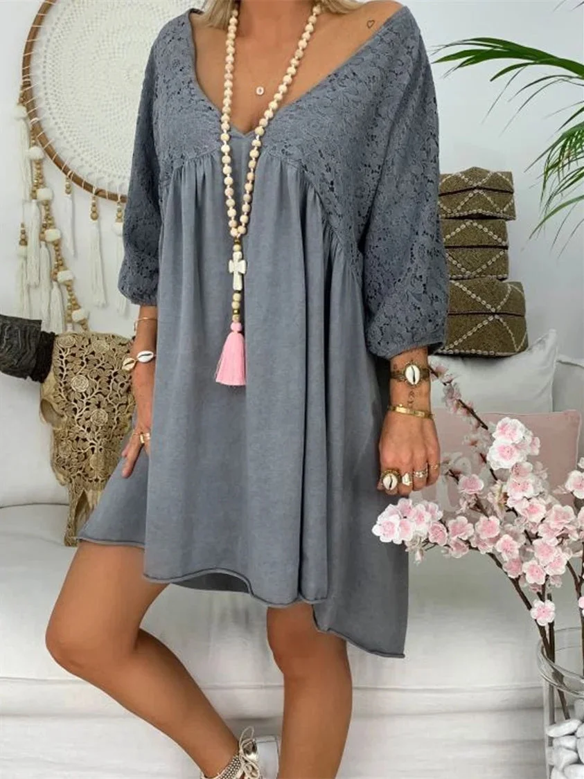 Women's 3/4 Sleeve V-neck Lace Stitching Midi Dress