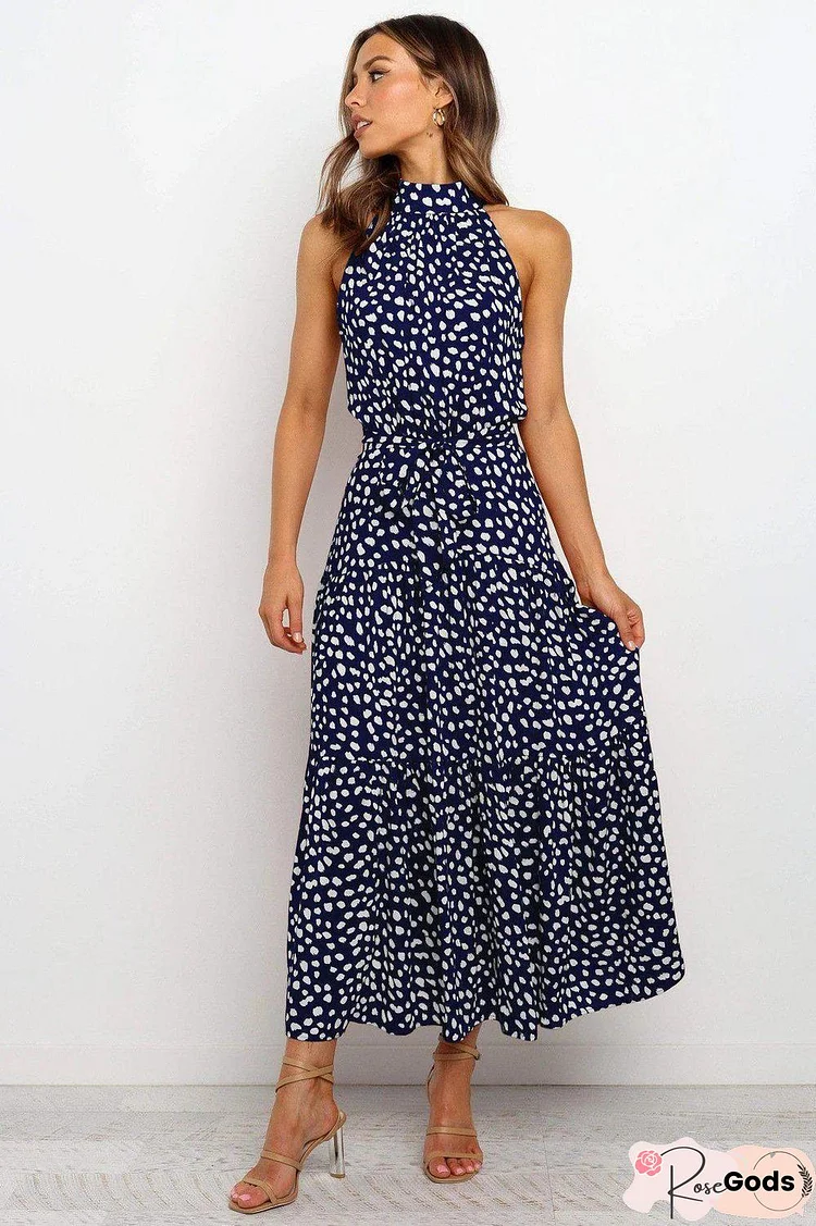 Vintage Printed Round Neck Sleeveless Slim Fit Maxi Dress