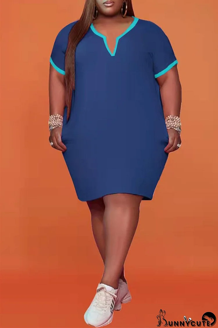 Deep Blue Fashion Casual Solid Basic V Neck Plus Size Dresses