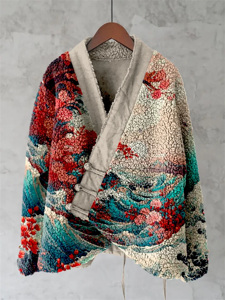 Vintage Floral Sea Wave Japanese Art  Women'S Kimono Cardigan