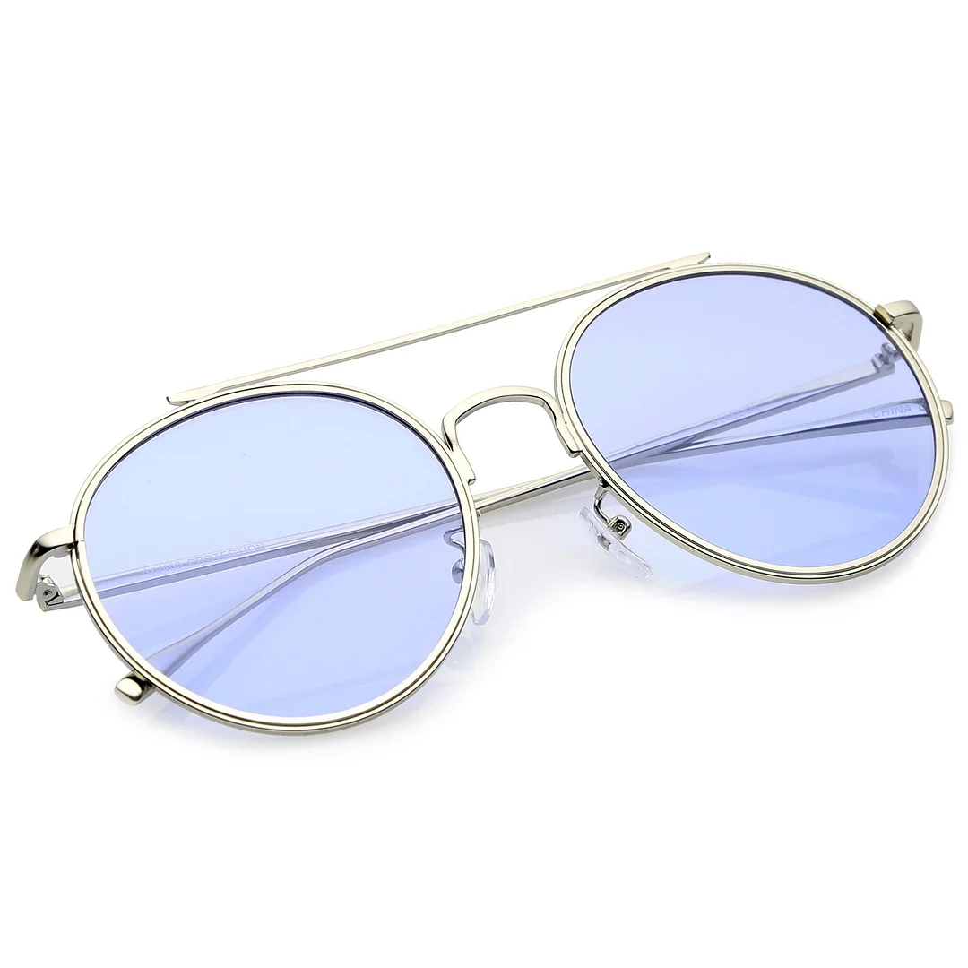 Modern Metal Crossbar Slim Temple Colored Flat Lens Round Aviator glasses 54mm