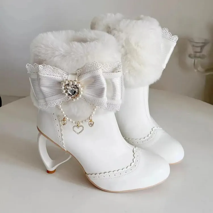 Lolita Bow Fur Heart-Heel Ankle Boots