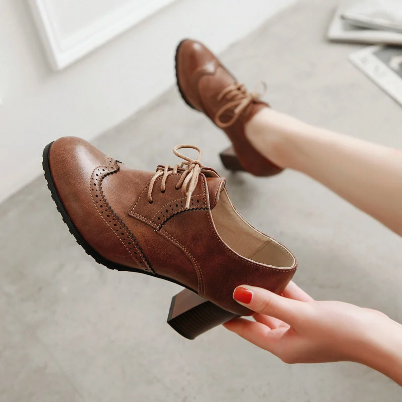 Women's British Retro Oxford shoes Casual shoes Laser lace work shoes Round Toe low-top Chunky Heel shoes Novameme